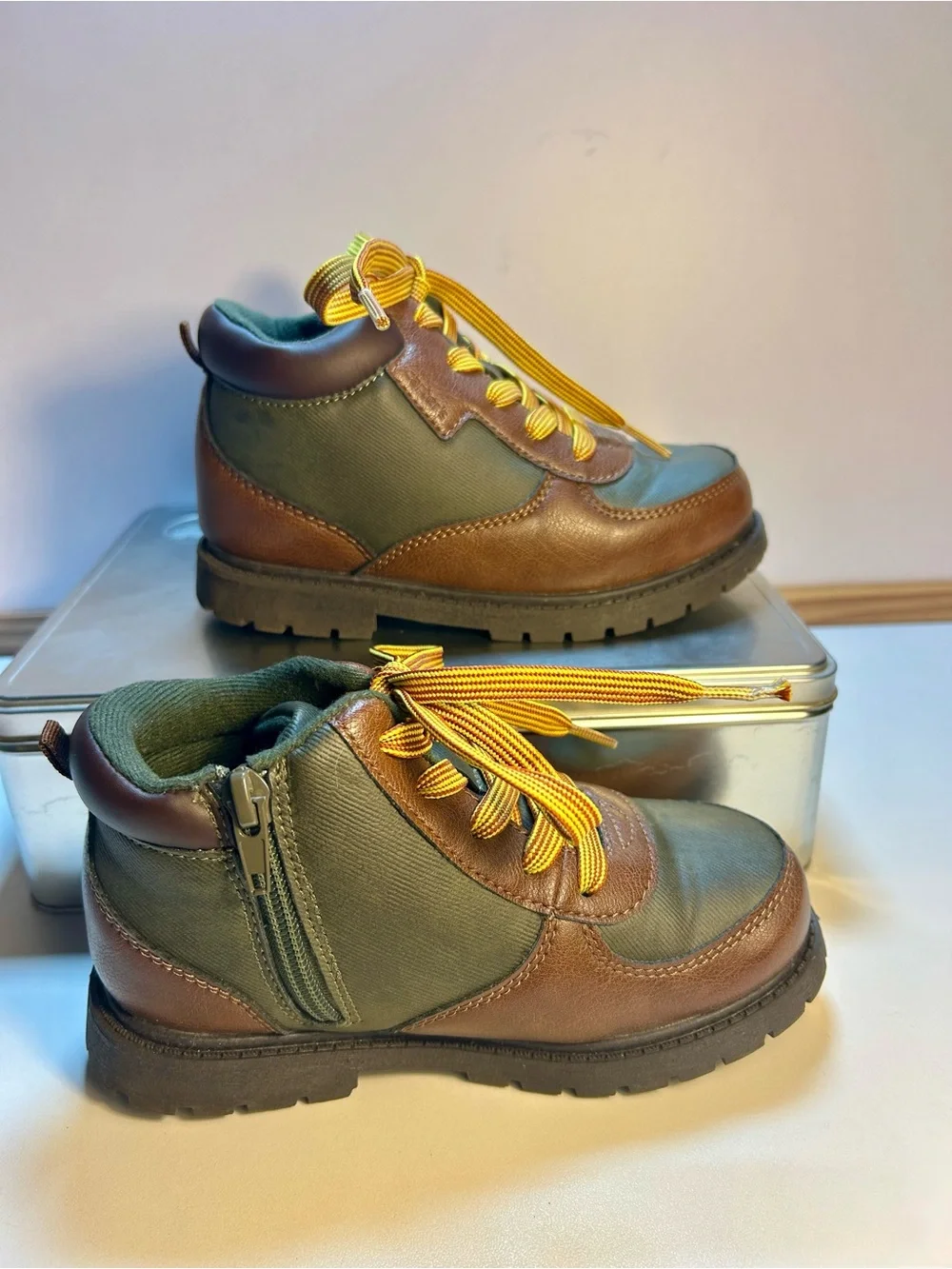 Carter's Olive and Brown Kids Hiking Boots with Yellow Laces, Toddler's 12M